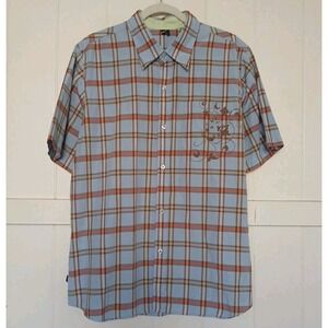 Vintage 90s RUSTY Shirt Plaid Button Up Men's Large Blue Plaid Short Sleeve Surf